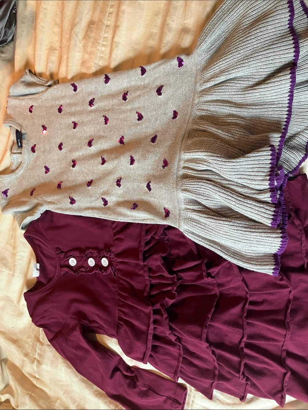 GAP Cream Knit Dress with Purple Heart Details & GAP Plum Ruffle Dress